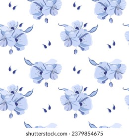 Seamless pattern of abstract blue hibiscus flowers. Illustration, background, vector