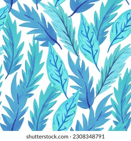 Seamless pattern with abstract blue leaves. Luxury retro background for decor and design. Hand-drawn illustration