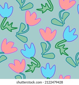Patrón sin foco de flores abstractas azules y rosadas sobre un fondo verde para textiles.