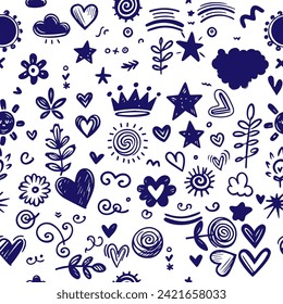 Seamless pattern abstract blue scribble doodles