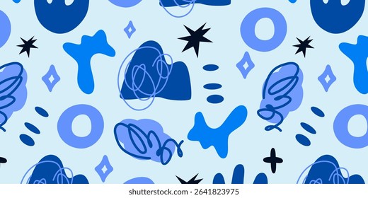 Seamless pattern with abstract blue shapes and doodle elements. Hand drawn modern trendy illustration for print, poster, textile, background, wrapping paper. Trendy hippie funky shapes
