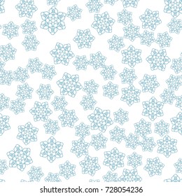 Seamless pattern with abstract blue snowflakes on transparent background. Chaotic, random, scattered winter motives. Vector illustration.