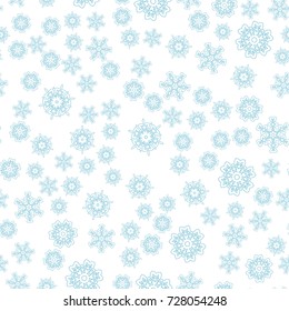 Seamless pattern with abstract blue snowflakes on transparent background. Chaotic, random, scattered winter motives. Vector illustration.