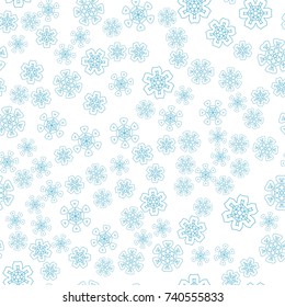 Seamless pattern with abstract blue snowflakes on transparent background. Chaotic, random, scattered winter motives. Vector illustration.