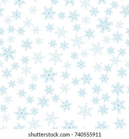 Seamless pattern with abstract blue snowflakes on transparent background. Chaotic, random, scattered winter motives. Vector illustration.