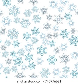 Seamless pattern with abstract blue snowflakes on transparent background. Chaotic, random, scattered winter motives. Vector illustration.