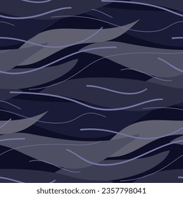 Seamless pattern with abstract blue waves in the form of feathers and lines. The brush is wide and thin and highlights the wave element. Movement under water. Imitation of the underwater world