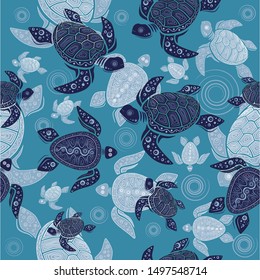 Seamless pattern. Abstract blue and white turtle design on blue background. Vector creative illustration.