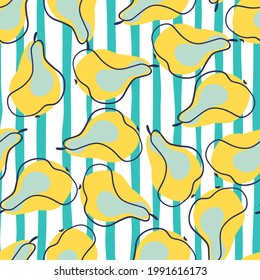 Seamless pattern with abstract blue and yellow random contoured pears ornament. Blue and white striped background. Great for fabric design, textile print, wrapping, cover. Vector illustration.