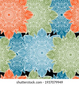Seamless pattern with abstract bohemian mandalas. Vintage decorative hand drawn elements. Vector outline illustration.