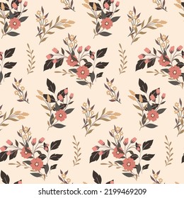 Seamless pattern with abstract botanical composition in vintage style. Romantic floral print, delicate surface design with wild plants, flowers, herbs, leaves on a pink background. Vector.