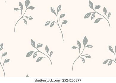 Seamless pattern, abstract botanical design of sketch branches with tiny leaves. Minimalist floral design in two colors: small hand drawn branches, plant silhouettes on white. Vector illustration.