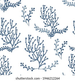 Seamless pattern of abstract botanical elements. Field grass, leaves and branches. Minimalistic natural composition. Vector background for cover, print for clothes, textiles.