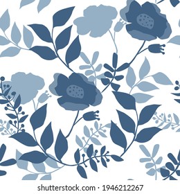 Seamless pattern of abstract botanical elements. Field grass, leaves and branches with flowers. Minimalistic natural composition. Vector background for cover, print for clothes, textiles.