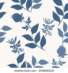 Seamless pattern of abstract botanical elements. Field grass, leaves and branches with flowers. Minimalistic natural composition. Vector background for cover, print for clothes, textiles.