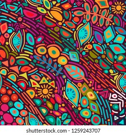 Seamless pattern with abstract botanical ethnic ornaments, florals and leaves. Handdrawn ornament lace backdrop.Floral oriental textile, fabric. Vector background