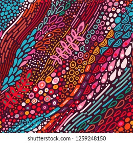 Seamless pattern with abstract botanical ethnic ornaments, florals and leaves. Handdrawn ornament lace backdrop.Floral oriental textile, fabric. Vector background