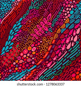 Seamless pattern with abstract botanical ethnic ornaments, florals and leaves. Handdrawn ornament lace backdrop.Floral oriental textile, fabric. Vector background - Vector
