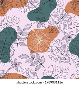 Seamless pattern with abstract botanical floral tropical leaves line art sketch style vector illustration
