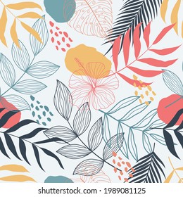 Seamless pattern with abstract botanical floral tropical leaves line art sketch style vector illustration