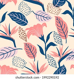 Seamless pattern of abstract botanical floral tropical flowers and leaves vector illustration