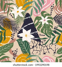 Seamless pattern of abstract botanical floral tropical flowers and leaves vector illustration