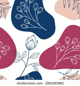Seamless pattern of abstract botanical floral tropical leaves line art sketch style vector illustration