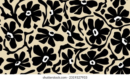 Flores botánicas abstractas de patrón sin brillo en el estilo Matisse. Plantas, flores, collage de cortes de papel. Patrón de diseño moderno vectorial en blanco y negro, postal, decoración, banner, cubierta, papel pintado.