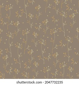 Seamless pattern, abstract botanical ornament, linear vector illustration, golden on a brown background