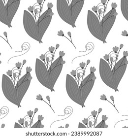 Seamless pattern of abstract bouquets of flowering twigs, spathiphyllum leaves and curled branch