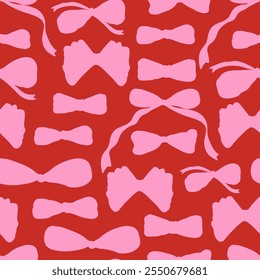 Seamless pattern with abstract bow knots. Trendy hair braiding accessory silhouette. Pink bow on red background. Vector illustration for wrapping paper, packaging, fabric, wallpaper, phone case etc. 