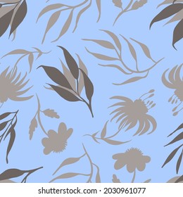 Seamless pattern abstract branch, leaves, flowers isolated on blue. Vector illustration. For card, wallpaper, textile, fabric,paper design