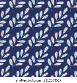 Rama abstracta de patrón sin brillo en un fondo azul. Ilustración vectorial dibujada a mano. Twig elemento floral. Embalaje botánico exótico o impresión textil