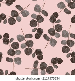 Seamless pattern with abstract branches of Eucalyptus Silver Dollar on a pink background. Illustration of greenery, foliage and natural leaves. Template for floral textile design.