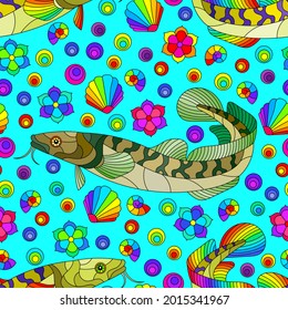 Seamless pattern with abstract bright fish and shells on a blue background