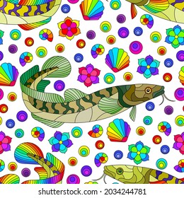 Seamless pattern with abstract bright fish and shells on a white background