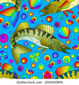 Patrón sin foco con peces brillantes abstractos y conchas sobre un fondo azul