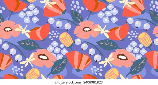 Seamless pattern with abstract bright floral ornament. Summer natural print with plants. Vector graphics.