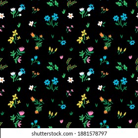 Patrón sin foco con flores brillantes abstractas sobre un fondo negro. Flores geométricas para diseños de tendencia. Impresión vectorial con coloridos elementos florales en estilo collage. Ilustración vectorial de material.