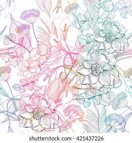 Seamless pattern with abstract bright flowers. Vector, EPS10.