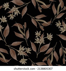 Seamless pattern with abstract brown Eucalyptus Silver Dollar on a black background. Illustration of greenery, foliage and natural leaves. Template for floral textile design.