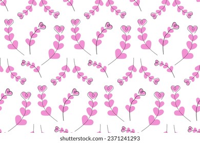 Seamless pattern of abstract brunches by color hearts in trendy pink shades. Background Texture. EPS
