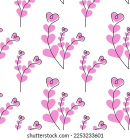 Seamless pattern of abstract brunches made by color hearts in trendy pink shades. Background Texture