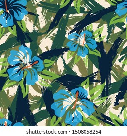 Seamless pattern abstract brush camouflage with exotic flowers. Vector seamless pattern.
