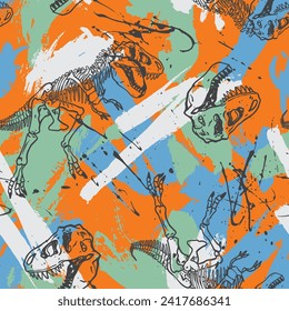 Patrón sin inconvenientes de un dibujo abstracto de pincel, cráneo de dinosaurio y elementos de fondo de esqueleto.