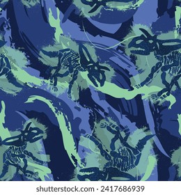 Seamless pattern of a abstract brush drawings and dinosaur skeleton background elements.