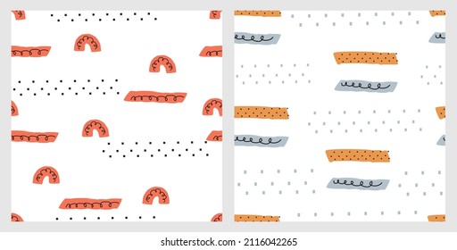 Seamless pattern with abstract brush strokes, rainbows and stripe dot on white background vector illustration. Nursery wall decoration.