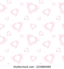 Seamless pattern abstract brush strokes in the shape of hearts in delicate pink tones in watercolor