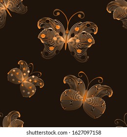 Padrão contínuo com borboletas abstratas em cores marrom, laranja, bege no fundo escuro para web design