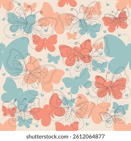 Seamless pattern with abstract butterflies in soft pastel colors. Hand-drawn line art style. Perfect for kids, spring designs, textiles, wrapping paper, and nursery decor.

